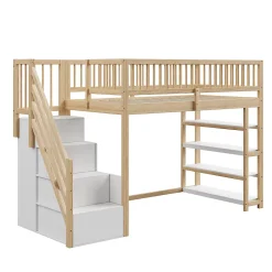 Lit Mezzanine 90x200 cm - Lit Simple avec Escalier Sécurisé, Armoire et Étagères de Rangement, Sans Matelas - Naturel
