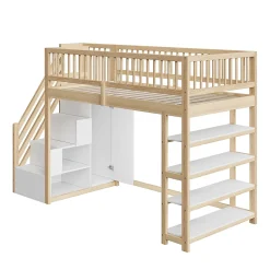Lit Mezzanine 90x200 cm - Lit Simple avec Escalier Sécurisé, Armoire et Étagères de Rangement, Sans Matelas - Naturel