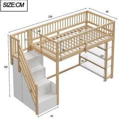 Lit Mezzanine 90x200 cm - Lit Simple avec Escalier Sécurisé, Armoire et Étagères de Rangement, Sans Matelas - Naturel
