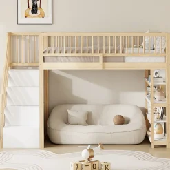 Lit Mezzanine 90x200 cm - Lit Simple avec Escalier Sécurisé, Armoire et Étagères de Rangement, Sans Matelas - Naturel
