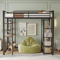 Lit mezzanine 90x200 cm - Lit simple avec étagères de rangement et échelle pratique - Table intégrée - Sans matelas - Noir