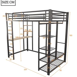 Lit mezzanine 90x200 cm - Lit simple avec étagères de rangement et échelle pratique - Table intégrée - Sans matelas - Noir