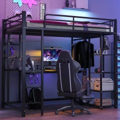 Lit mezzanine 90x200 cm - Lit simple avec étagères de rangement et échelle pratique - Table intégrée - Sans matelas - Noir