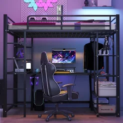 Lit mezzanine 90x200 cm - Lit simple avec étagères de rangement et échelle pratique - Table intégrée - Sans matelas - Noir