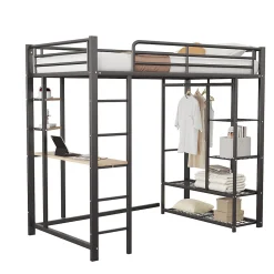 Lit mezzanine 90x200 cm - Lit simple avec étagères de rangement et échelle pratique - Table intégrée - Sans matelas - Noir