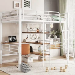 Lit Mezzanine 90x200 cm - Lit Simple avec Bureau en L, Échelle et Garde-Corps, Sans Matelas - Métal, Blanc