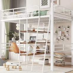 Lit Mezzanine 90x200 cm - Lit Simple avec Bureau en L, Échelle et Garde-Corps, Sans Matelas - Métal, Blanc
