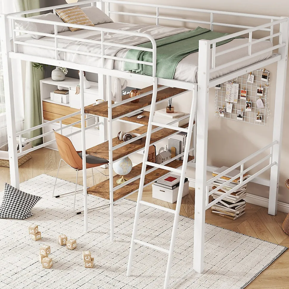 Lit Mezzanine 90x200 cm - Lit Simple avec Bureau en L, Échelle et Garde-Corps, Sans Matelas - Métal, Blanc