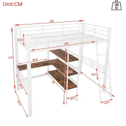 Lit Mezzanine 90x200 cm - Lit Simple avec Bureau en L, Échelle et Garde-Corps, Sans Matelas - Métal, Blanc