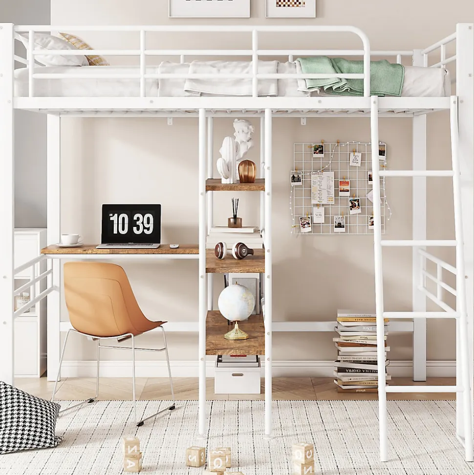 Lit Mezzanine 90x200 cm - Lit Simple avec Bureau en L, Échelle et Garde-Corps, Sans Matelas - Métal, Blanc