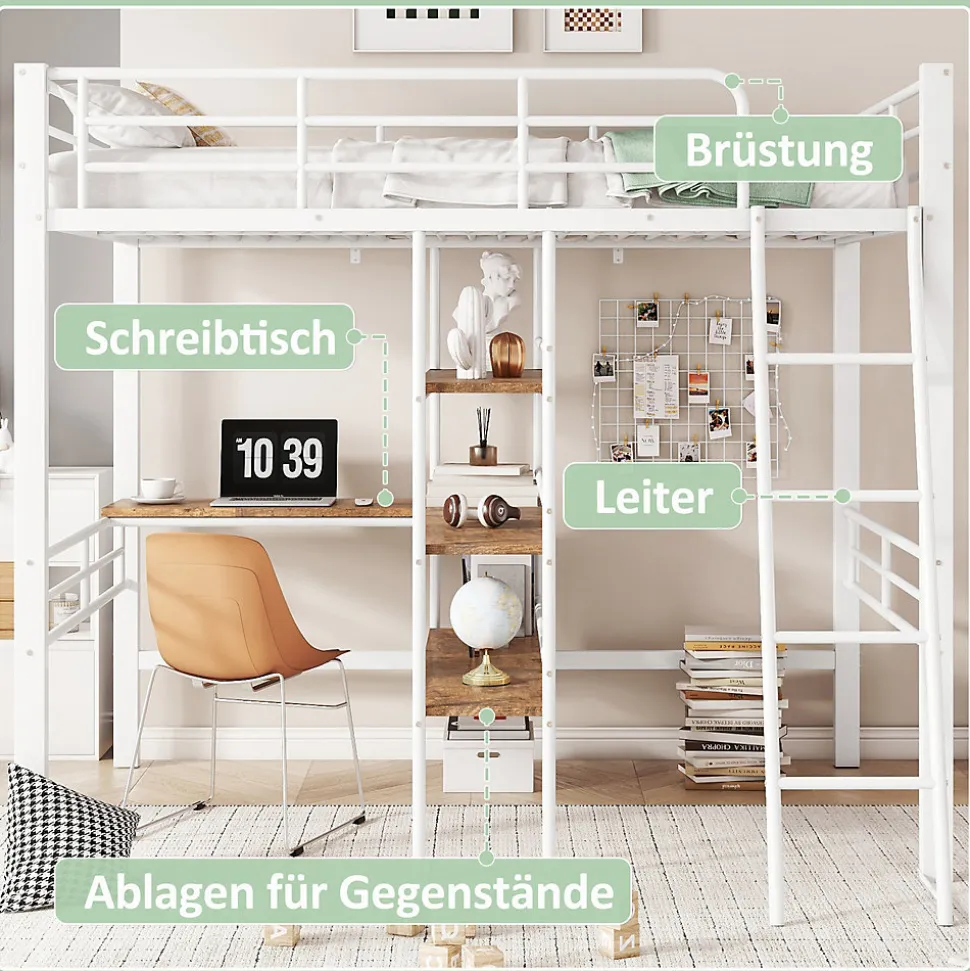 Lit Mezzanine 90x200 cm - Lit Simple avec Bureau en L, Échelle et Garde-Corps, Sans Matelas - Métal, Blanc