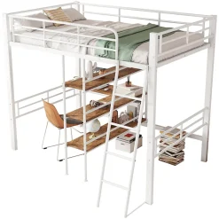 Lit Mezzanine 90x200 cm - Lit Simple avec Bureau en L, Échelle et Garde-Corps, Sans Matelas - Métal, Blanc