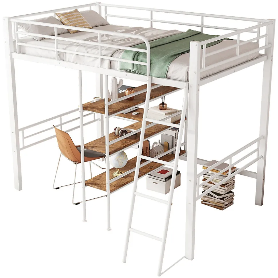 Lit Mezzanine 90x200 cm - Lit Simple avec Bureau en L, Échelle et Garde-Corps, Sans Matelas - Métal, Blanc