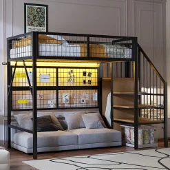 Lit mezzanine 90x200 cm - Lit simple déco avec éclairage LED et rangement sous lit - Armoire ouverte en MDF et métal - Noir