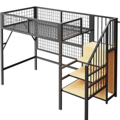 Lit mezzanine 90x200 cm - Lit simple déco avec éclairage LED et rangement sous lit - Armoire ouverte en MDF et métal - Noir