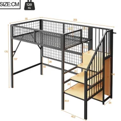 Lit mezzanine 90x200 cm - Lit simple déco avec éclairage LED et rangement sous lit - Armoire ouverte en MDF et métal - Noir