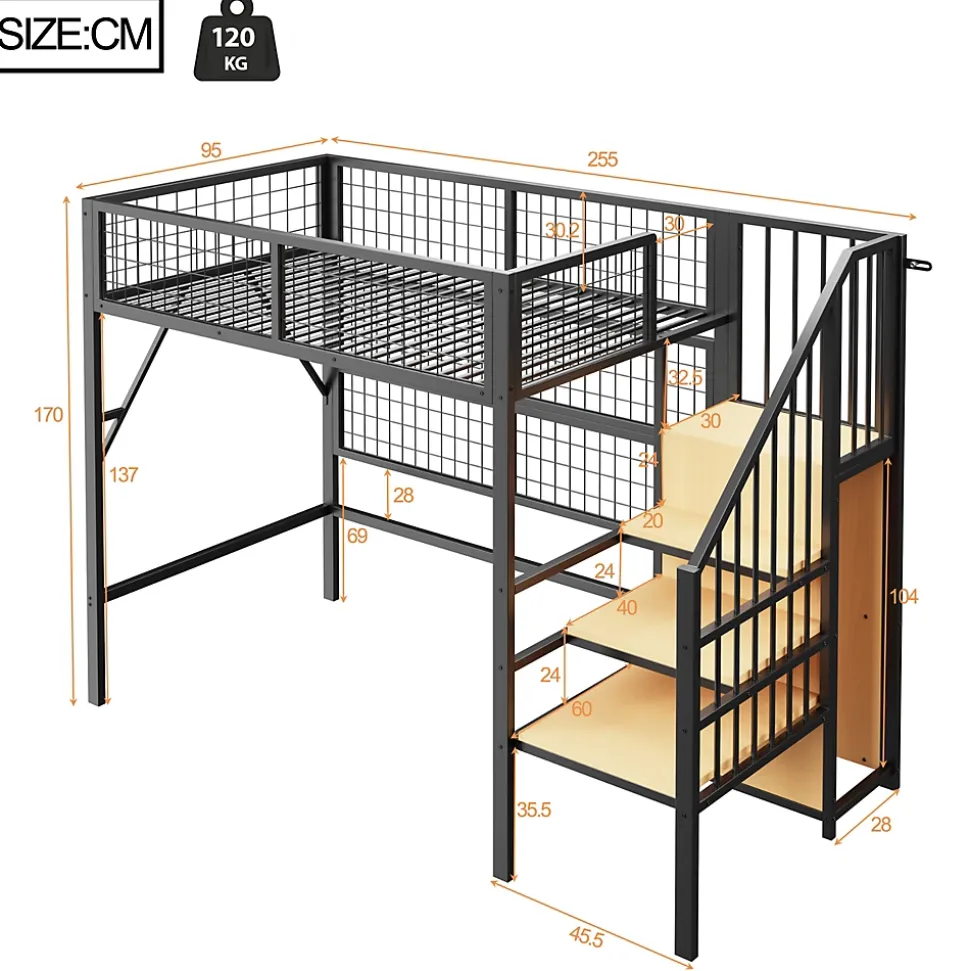 Lit mezzanine 90x200 cm - Lit simple déco avec éclairage LED et rangement sous lit - Armoire ouverte en MDF et métal - Noir