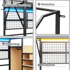 Lit mezzanine 90x200 cm - Lit simple déco avec éclairage LED et rangement sous lit - Armoire ouverte en MDF et métal - Noir