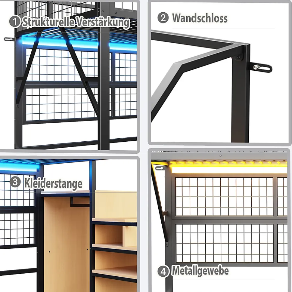 Lit mezzanine 90x200 cm - Lit simple déco avec éclairage LED et rangement sous lit - Armoire ouverte en MDF et métal - Noir