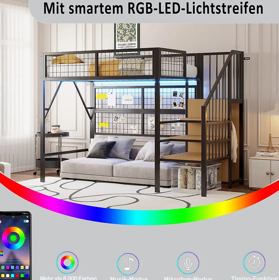 Lit mezzanine 90x200 cm - Lit simple déco avec éclairage LED et rangement sous lit - Armoire ouverte en MDF et métal - Noir