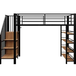 Lit Mezzanine 90x200 cm - Lit Simple avec Escalier Sécurisé et Rangement Intégré, Structure Métal et MDF, Sans Matelas - Noir