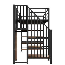 Lit Mezzanine 90x200 cm - Lit Simple avec Escalier Sécurisé et Rangement Intégré, Structure Métal et MDF, Sans Matelas - Noir