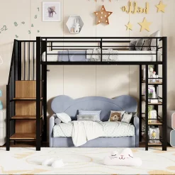 Lit Mezzanine 90x200 cm - Lit Simple avec Escalier Sécurisé et Rangement Intégré, Structure Métal et MDF, Sans Matelas - Noir