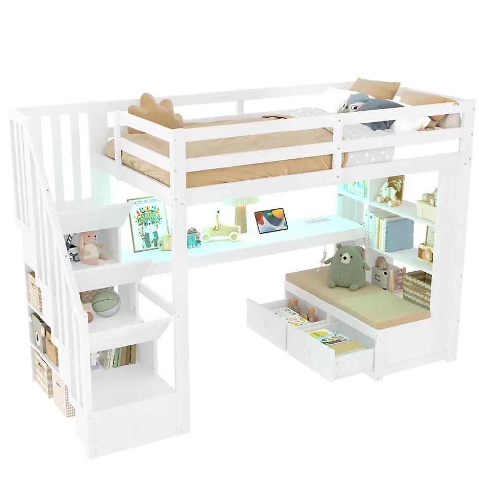 Lit Mezzanine 90x200 cm - Lit Simple avec Bureau et Étagères, LED Intégrée, sans Matelas - MDF Blanc