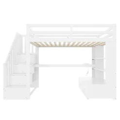 Lit Mezzanine 90x200 cm - Lit Simple avec Bureau et Étagères, LED Intégrée, sans Matelas - MDF Blanc