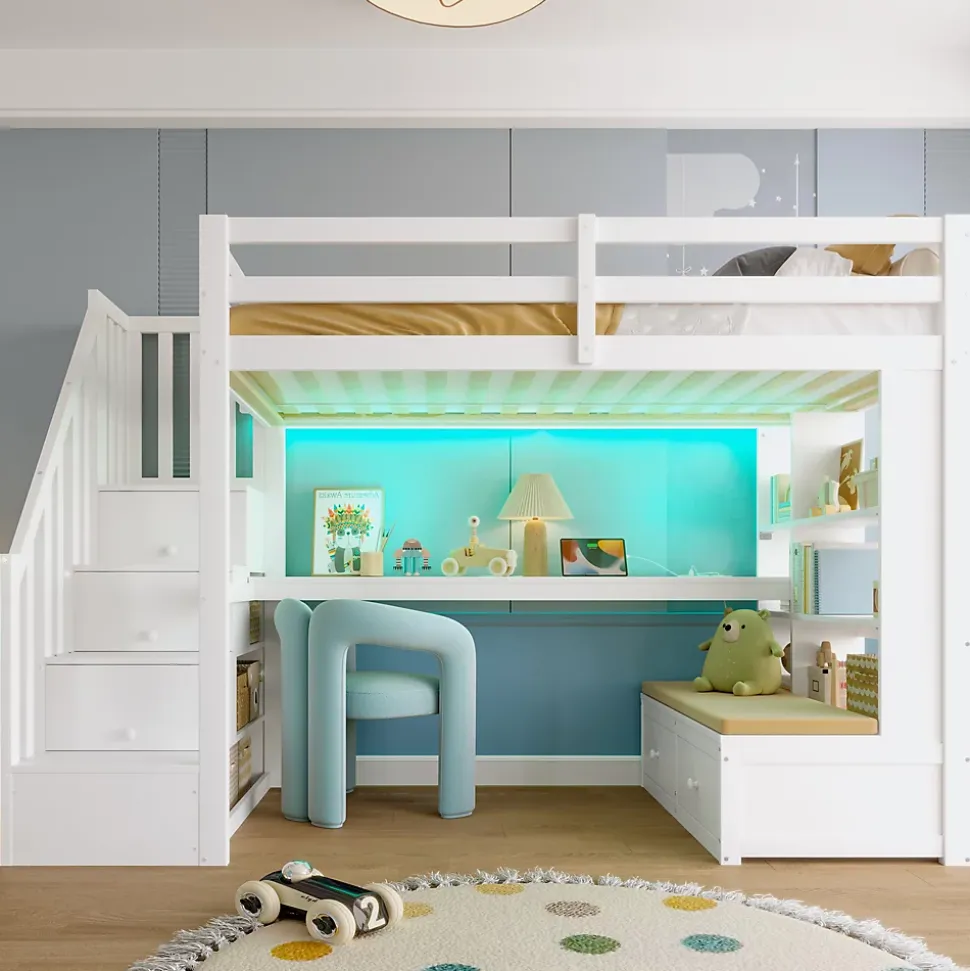 Lit Mezzanine 90x200 cm - Lit Simple avec Bureau et Étagères, LED Intégrée, sans Matelas - MDF Blanc