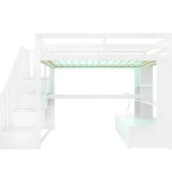 Lit Mezzanine 90x200 cm - Lit Simple avec Bureau et Étagères, LED Intégrée, sans Matelas - MDF Blanc