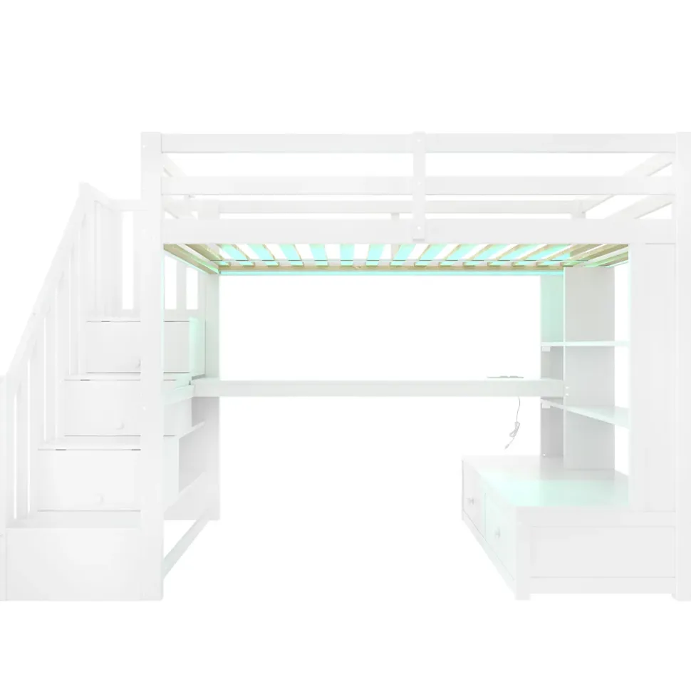 Lit Mezzanine 90x200 cm - Lit Simple avec Bureau et Étagères, LED Intégrée, sans Matelas - MDF Blanc