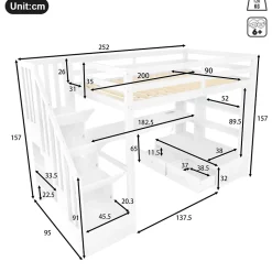 Lit Mezzanine 90x200 cm - Lit Simple avec Bureau et Étagères, LED Intégrée, sans Matelas - MDF Blanc