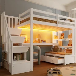 Lit Mezzanine 90x200 cm - Lit Simple avec Bureau et Étagères, LED Intégrée, sans Matelas - MDF Blanc