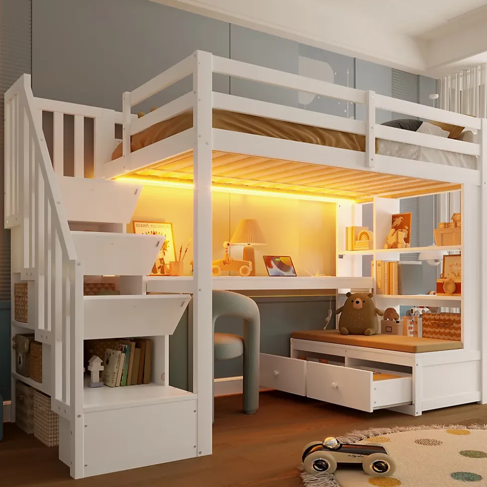 Lit Mezzanine 90x200 cm - Lit Simple avec Bureau et Étagères, LED Intégrée, sans Matelas - MDF Blanc