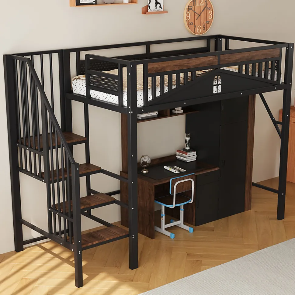 Lit Mezzanine 90x200 cm - Lit Simple avec Barrières de Sécurité et Échelle, Sans Matelas - Métal et Bois Noir