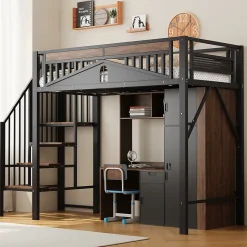 Lit Mezzanine 90x200 cm - Lit Simple avec Barrières de Sécurité et Échelle, Sans Matelas - Métal et Bois Noir