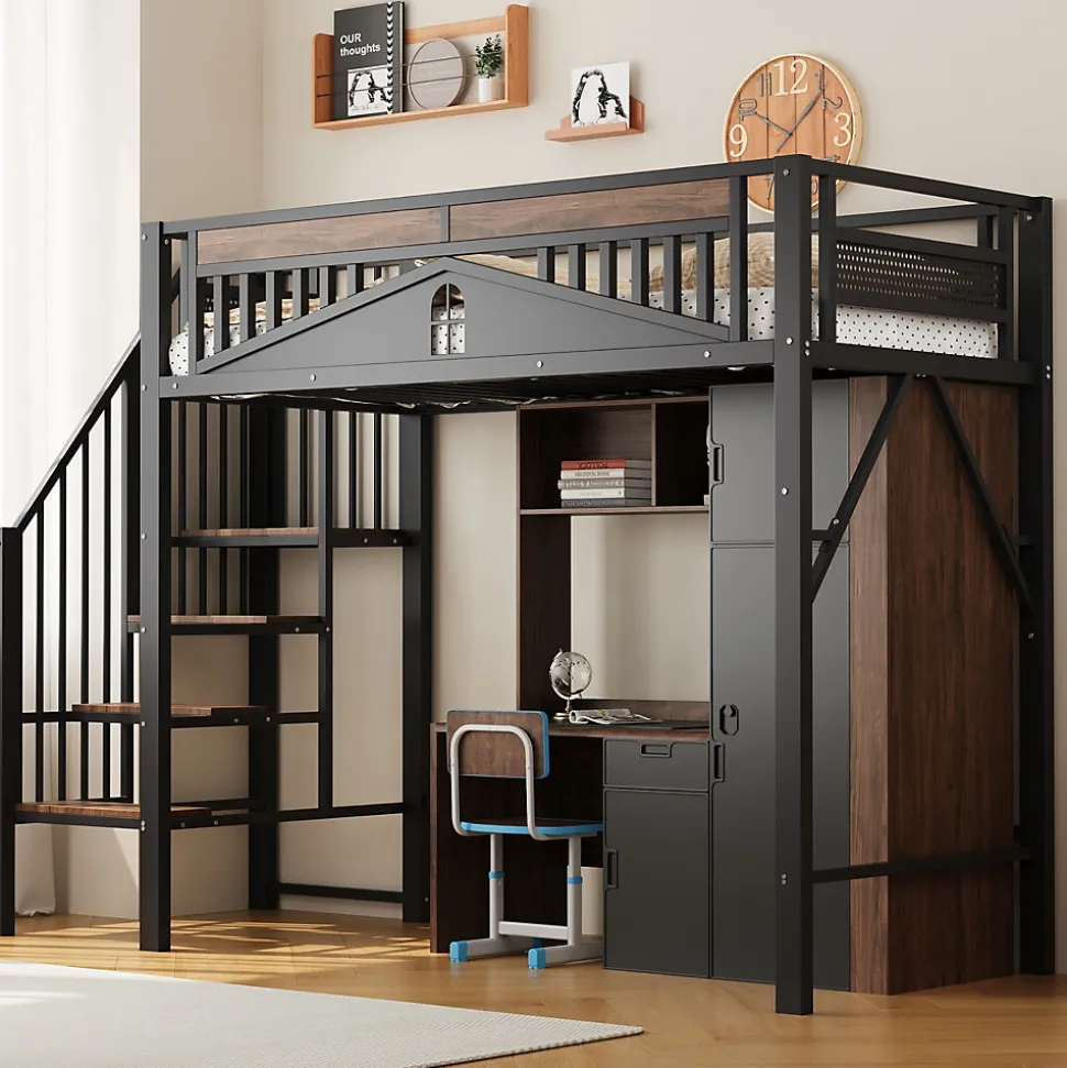 Lit Mezzanine 90x200 cm - Lit Simple avec Barrières de Sécurité et Échelle, Sans Matelas - Métal et Bois Noir