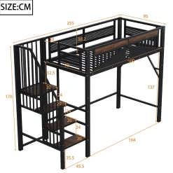 Lit Mezzanine 90x200 cm - Lit Simple avec Barrières de Sécurité et Échelle, Sans Matelas - Métal et Bois Noir