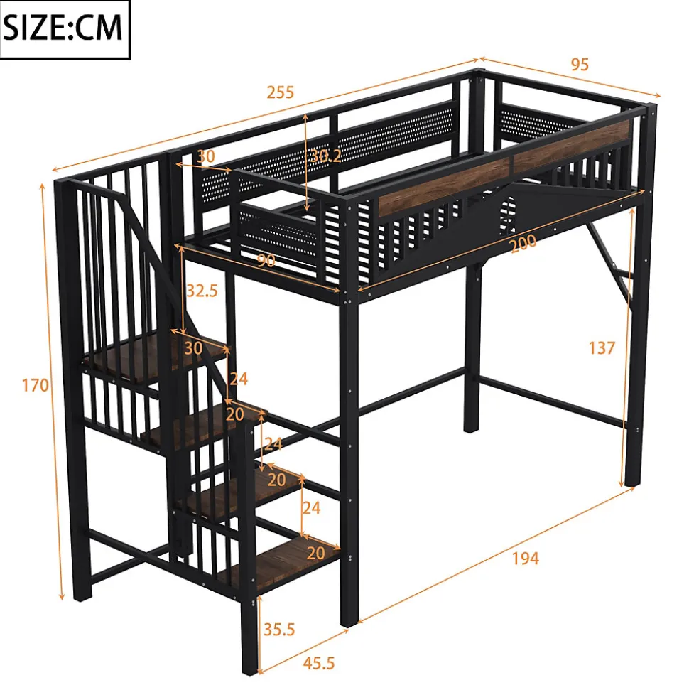 Lit Mezzanine 90x200 cm - Lit Simple avec Barrières de Sécurité et Échelle, Sans Matelas - Métal et Bois Noir