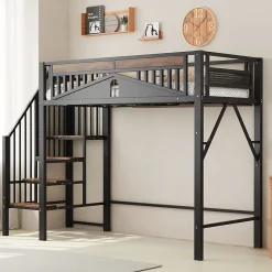 Lit Mezzanine 90x200 cm - Lit Simple avec Barrières de Sécurité et Échelle, Sans Matelas - Métal et Bois Noir