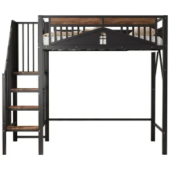 Lit Mezzanine 90x200 cm - Lit Simple avec Barrières de Sécurité et Échelle, Sans Matelas - Métal et Bois Noir