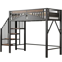 Lit Mezzanine 90x200 cm - Lit Simple avec Barrières de Sécurité et Échelle, Sans Matelas - Métal et Bois Noir