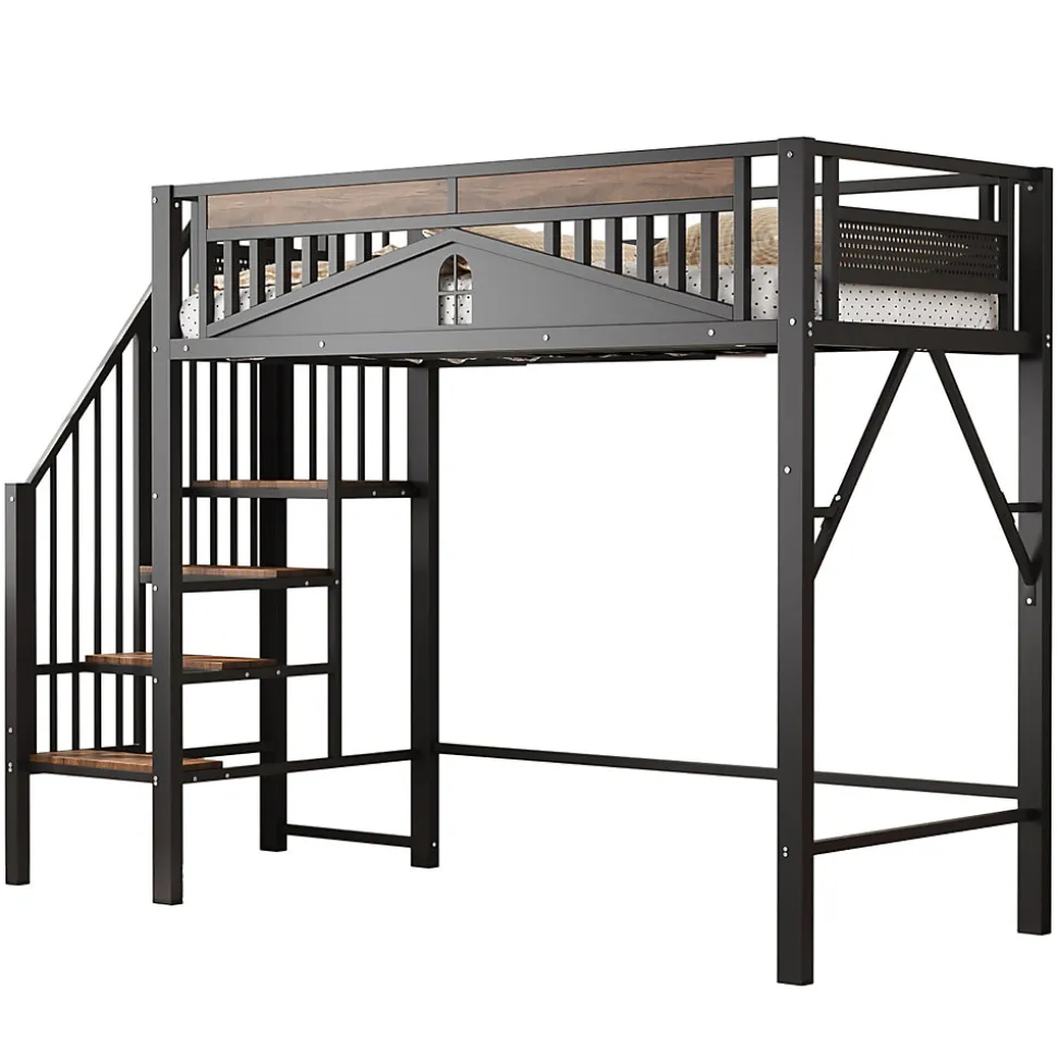 Lit Mezzanine 90x200 cm - Lit Simple avec Barrières de Sécurité et Échelle, Sans Matelas - Métal et Bois Noir