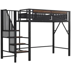 Lit Mezzanine 90x200 cm - Lit Simple avec Barrières de Sécurité et Échelle, Sans Matelas - Métal et Bois Noir