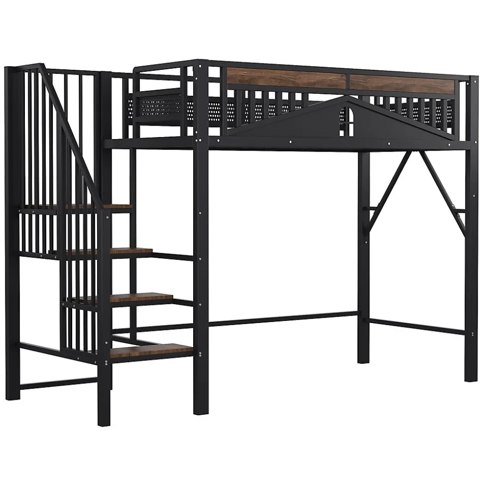 Lit Mezzanine 90x200 cm - Lit Simple avec Barrières de Sécurité et Échelle, Sans Matelas - Métal et Bois Noir