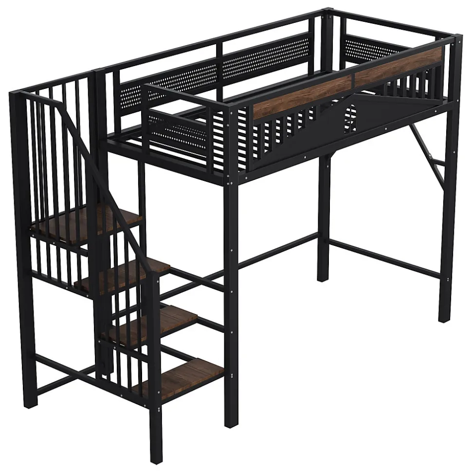 Lit Mezzanine 90x200 cm - Lit Simple avec Barrières de Sécurité et Échelle, Sans Matelas - Métal et Bois Noir