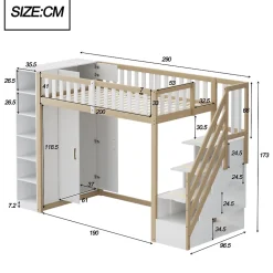 Lit Mezzanine 90x200 cm - Lit Simple avec Escalier Sécurisé, Armoire et Étagères de Rangement, Pin et MDF, Blanc et Bois Naturel