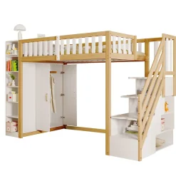 Lit Mezzanine 90x200 cm - Lit Simple avec Escalier Sécurisé, Armoire et Étagères de Rangement, Pin et MDF, Blanc et Bois Naturel