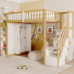 Lit Mezzanine 90x200 cm - Lit Simple avec Escalier Sécurisé, Armoire et Étagères de Rangement, Pin et MDF, Blanc et Bois Naturel